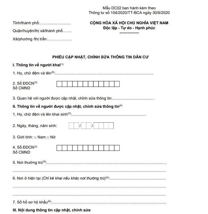 Mẫu DC02: Phiếu cập nhật, chỉnh sửa thông tin dân cư