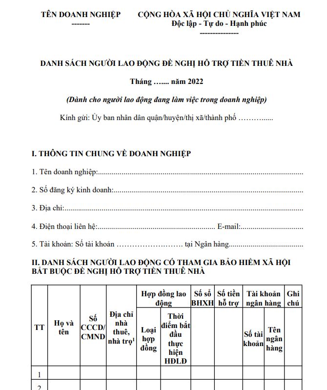 Mẫu số 02: Danh sách người lao động đề nghị hỗ trợ tiền thuê nhà đối với người lao động đang làm việc