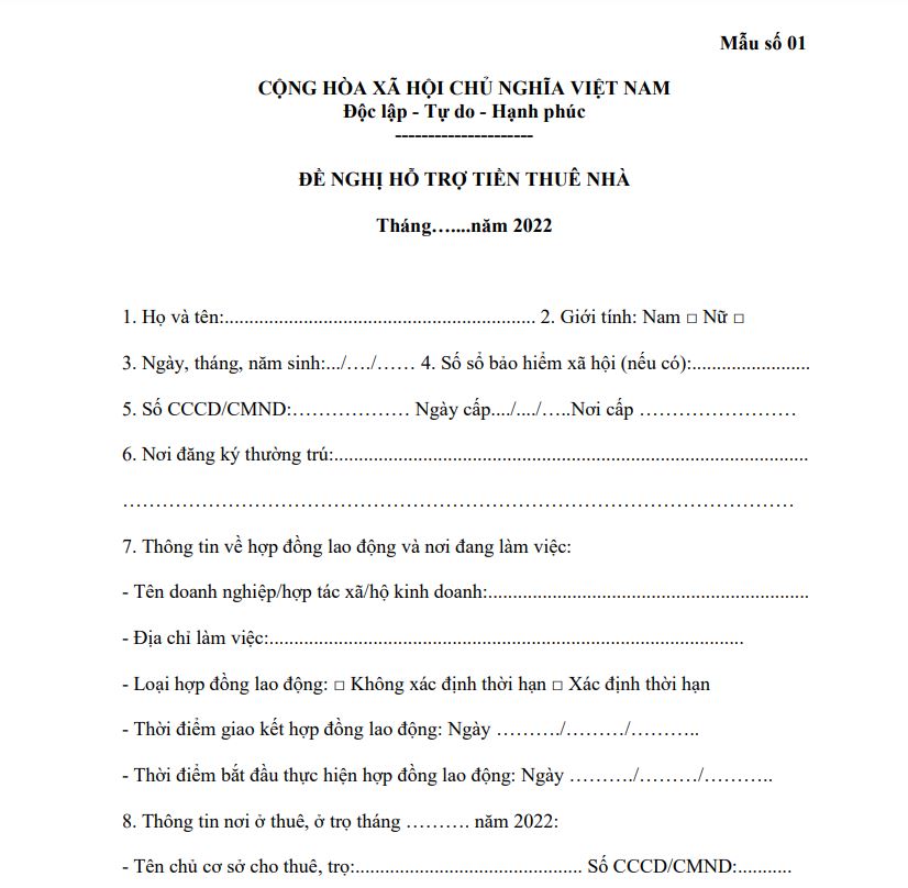 Mẫu số 01: Đề nghị hỗ trợ tiền thuê nhà 