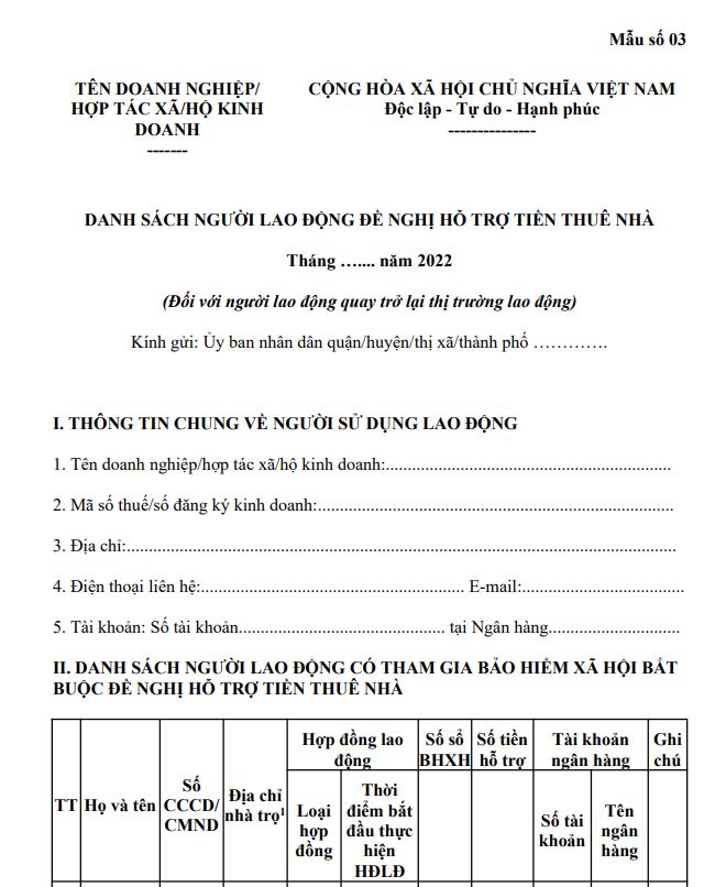 Mẫu số 03: Danh sách người lao động đề nghị hỗ trợ tiền thuê nhà đối với người lao động quay lại thị trường lao động