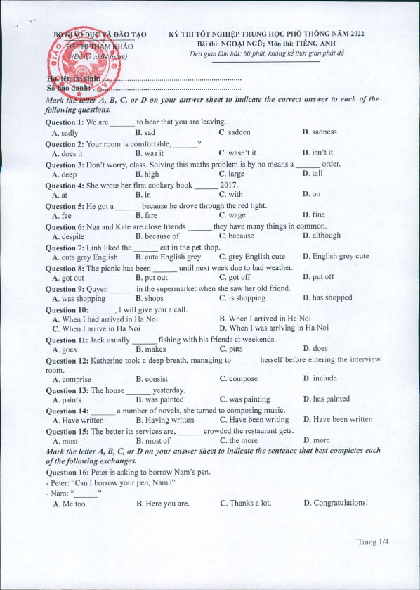 Đề minh họa 2022 môn Anh 