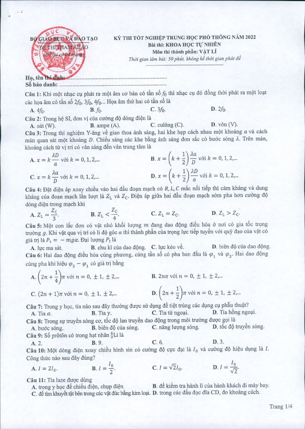 Đề minh họa 2022 Vật lý, Đề tham khảo Vật lý 2022