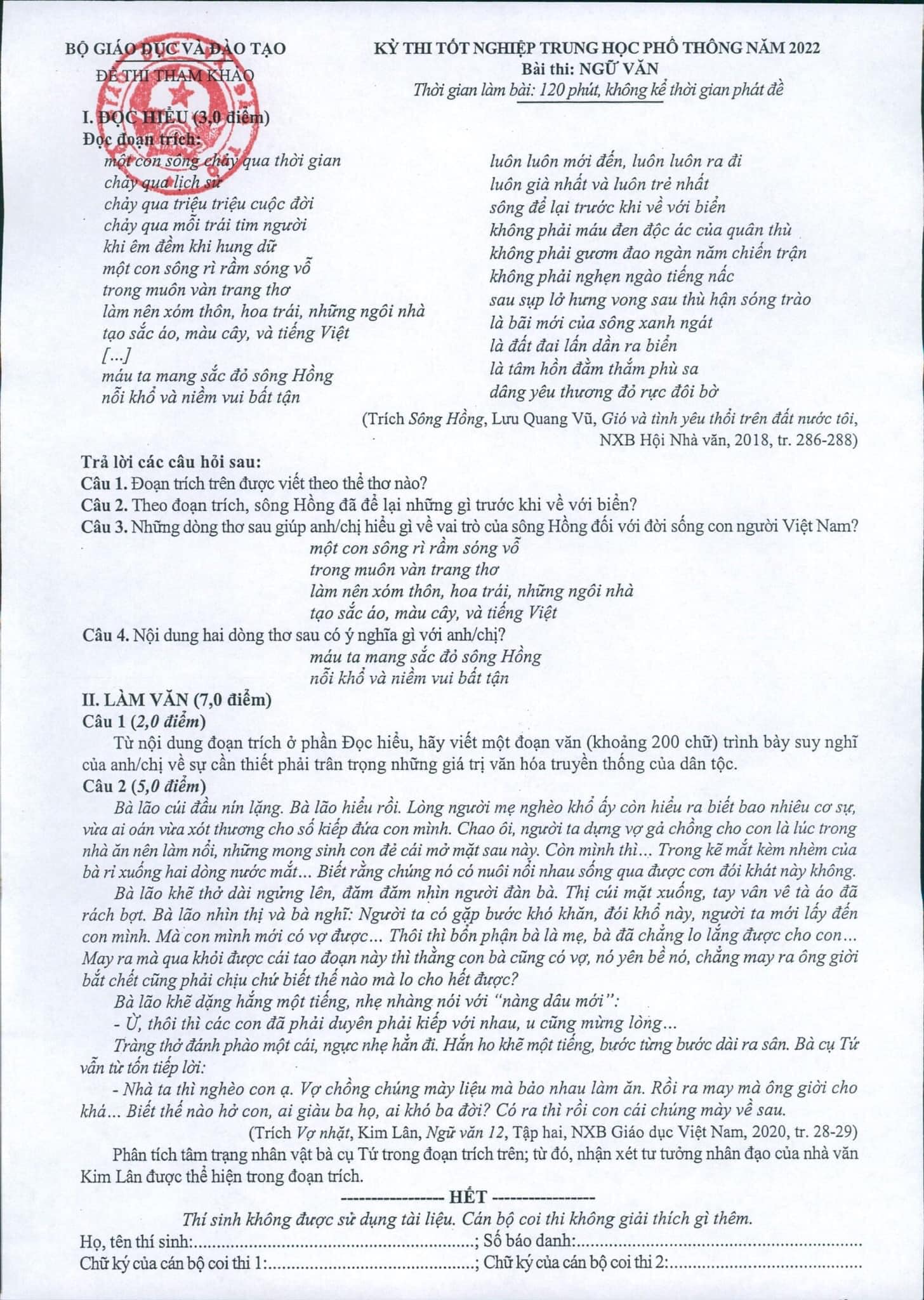 Đề tham khảo Ngữ văn, đề minh họa Ngữ văn 2022