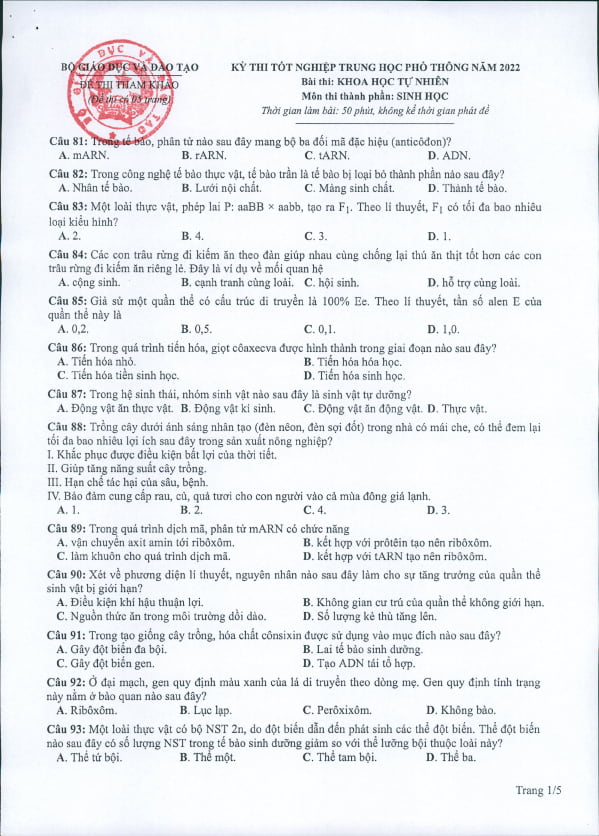Đề tham khảo 2022, Đề minh họa 2022 môn Sinh 