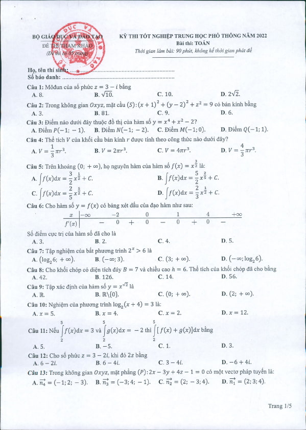 Đề minh họa 2022 môn Toán Bộ Giáo dục và đào tạo