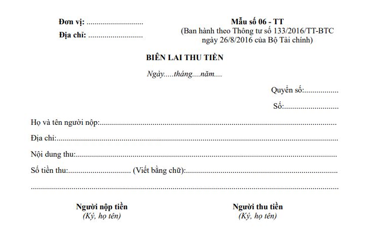 Mẫu số 06 - TT: Biên lai thu tiền