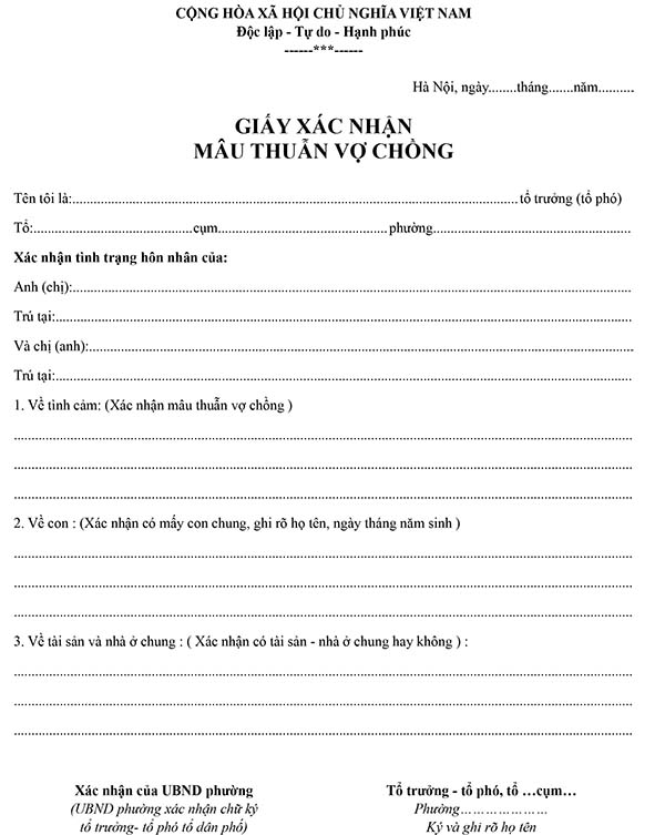 Mẫu giấy xác nhận mâu thuẫn vợ chồng