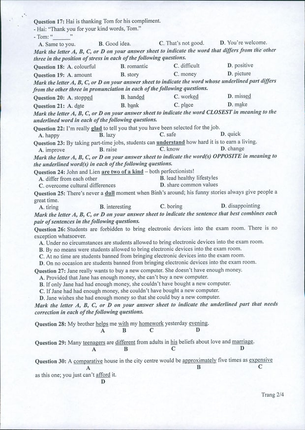 Đề minh họa 2022 môn Anh 