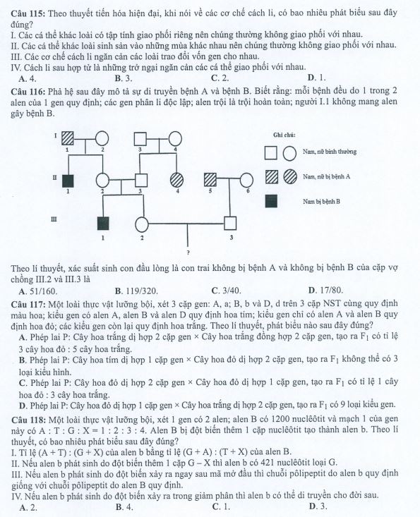 Đáp án đề minh họa môn Sinh học 2022