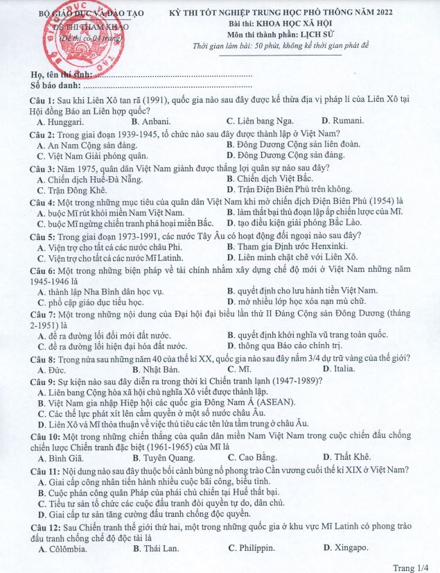 Đáp án đề tham khảo 2022 môn Lịch sử thi tốt nghiệp THPT Quốc gia