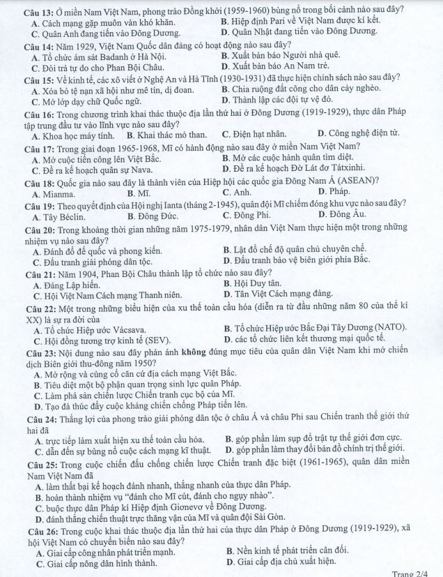 Đề tham khảo 2022 Lịch sử