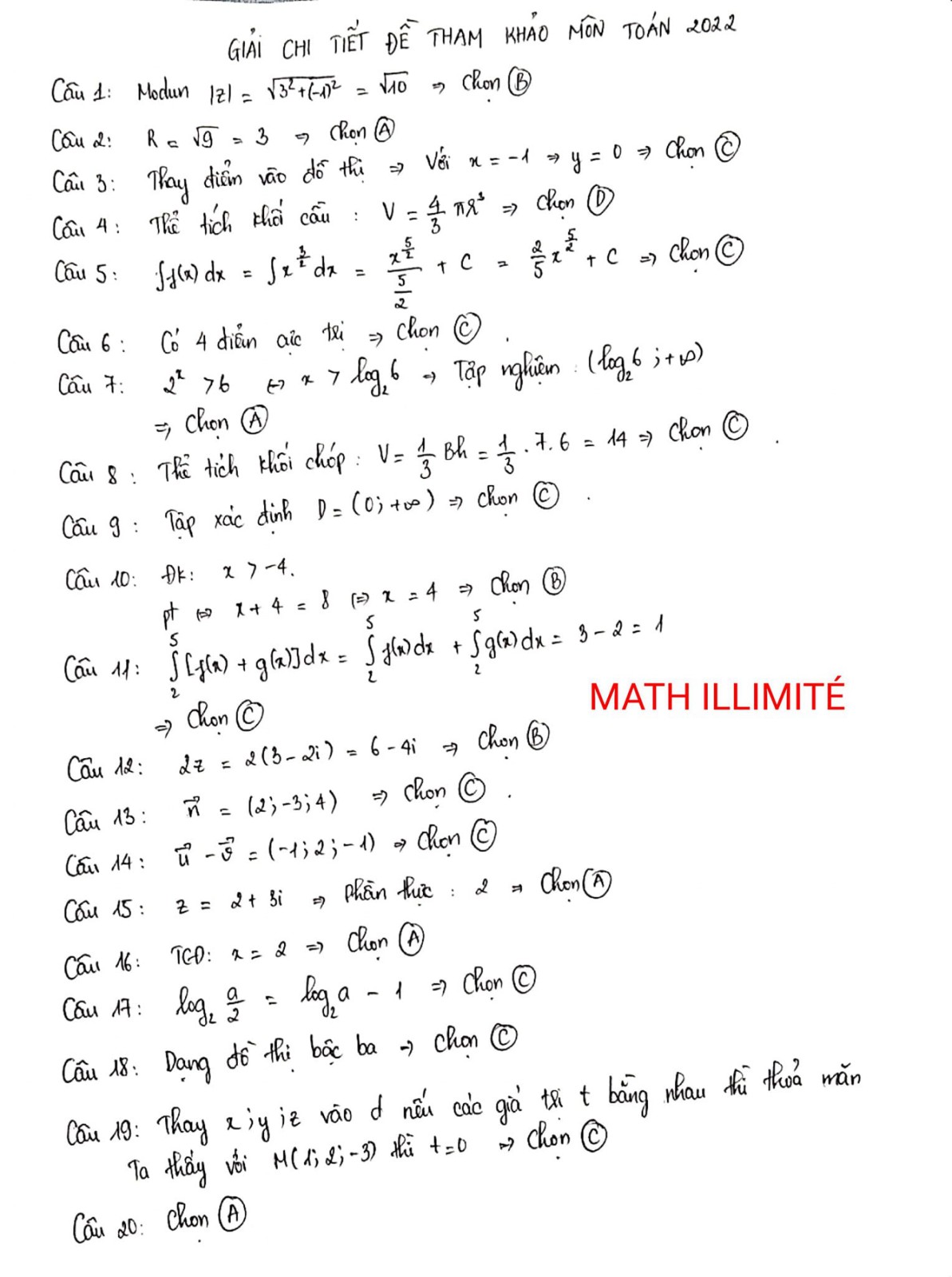 Lời giải chi tiết đề minh họa 2022 môn Toán