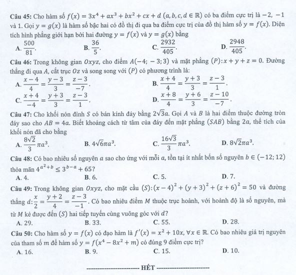 Đáp án đề minh họa 2022 môn Toán