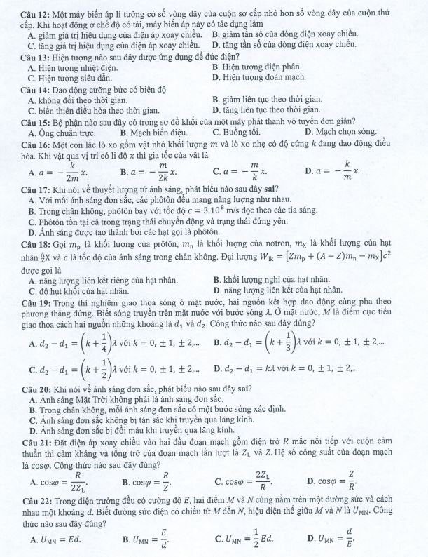 Đề minh họa 2022 môn Lý