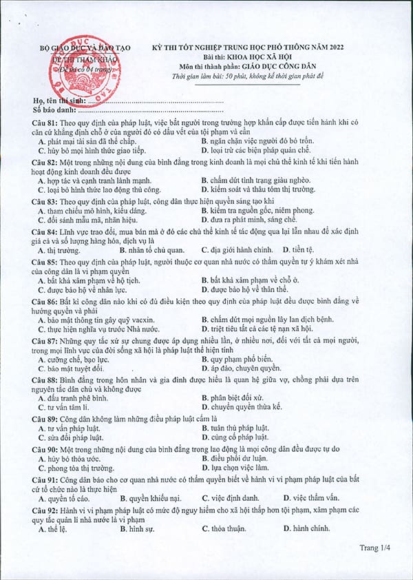 Đề thi minh họa môn GDCD năm 2022