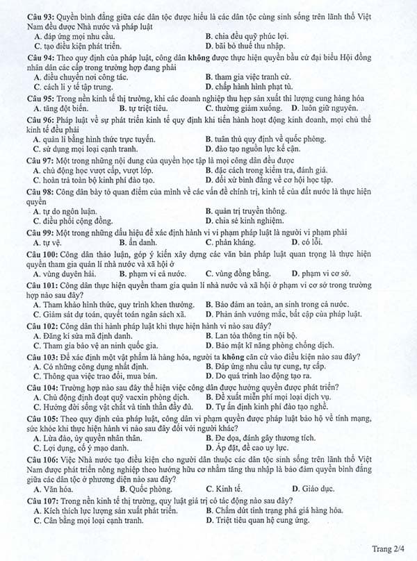 Đề thi minh họa môn GDCD năm 2022