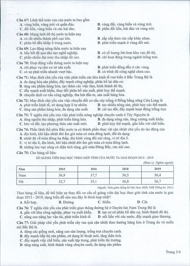 Đề minh họa 2022 môn Địa