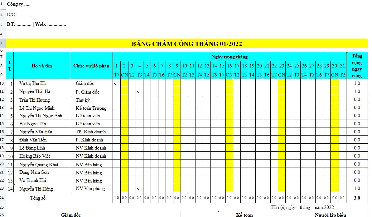 Mẫu bảng chấm công Excel mới nhất 2022