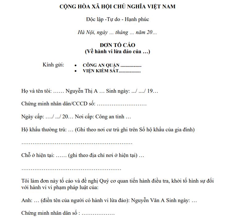Mẫu đơn tố cáo hành vi lừa đảo chiếm đoạt tài sản
