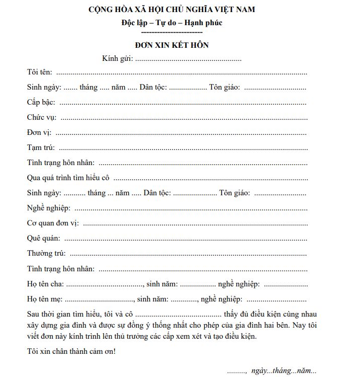 Mẫu đơn xin kết hôn trong ngành công an