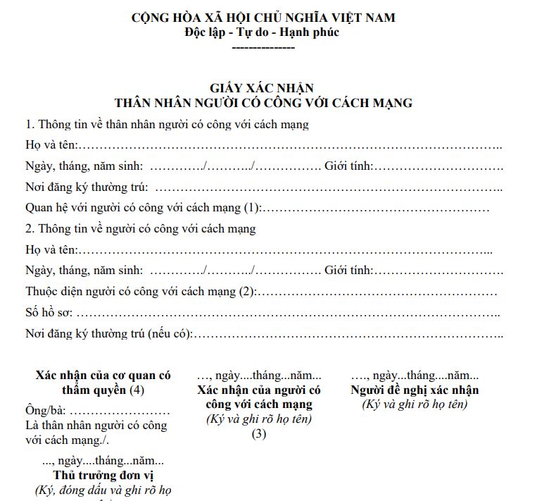 Mẫu giấy xác nhận thân nhân người có công với cách mạng 