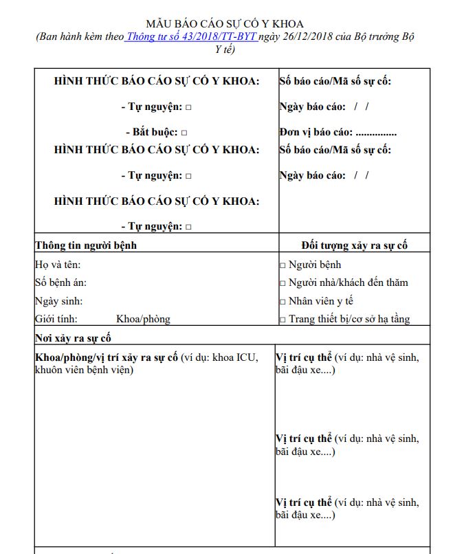 Mẫu báo cáo sự cố y khoa 