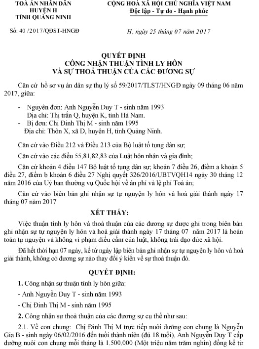 Hình ảnh giấy quyết định ly hôn Tòa án