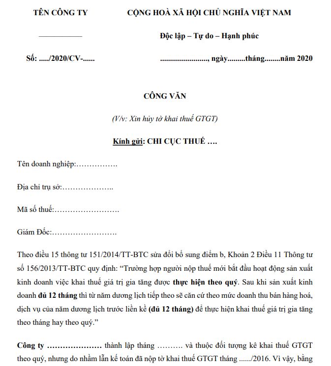 Công văn xin hủy tờ khai Thuế GTGT do kê khai sai