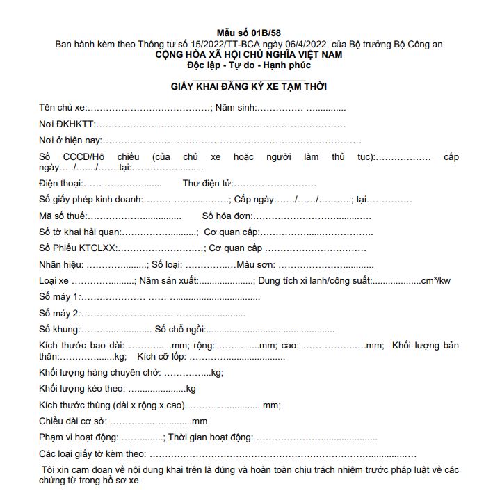 Mẫu 01B/58: Giấy đăng ký xe tạm thời