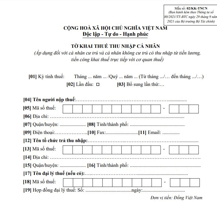 Tờ khai thuế thu nhập cá nhân 02/KK-TNCN