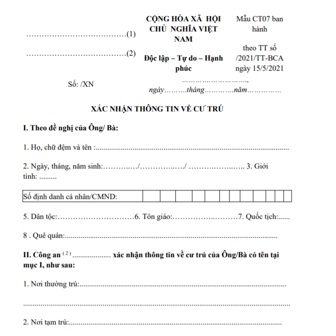 Mẫu Giấy xác nhận thông tin cư trú