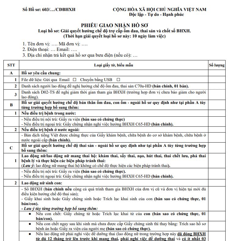 Phiếu giao nhận hồ sơ 630: Giải quyết chế độ ốm đau, thai sản