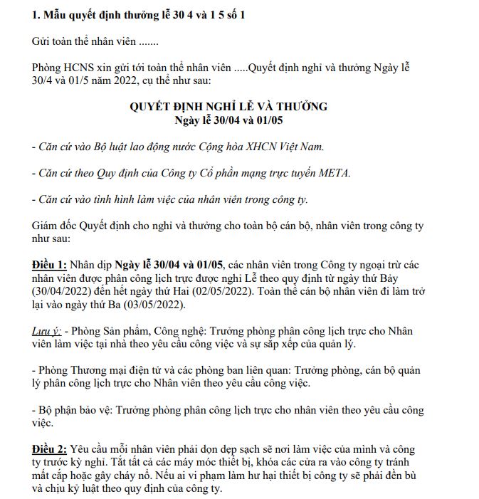 Mẫu quyết định thưởng lễ 30/4 và 1/5