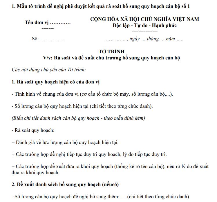 Mẫu tờ trình đề nghị phê duyệt kết quả rà soát bổ sung quy hoạch cán bộ lãnh đạo