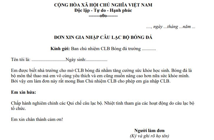 Mẫu đơn xin gia nhập câu lạc bộ thể thao 2024