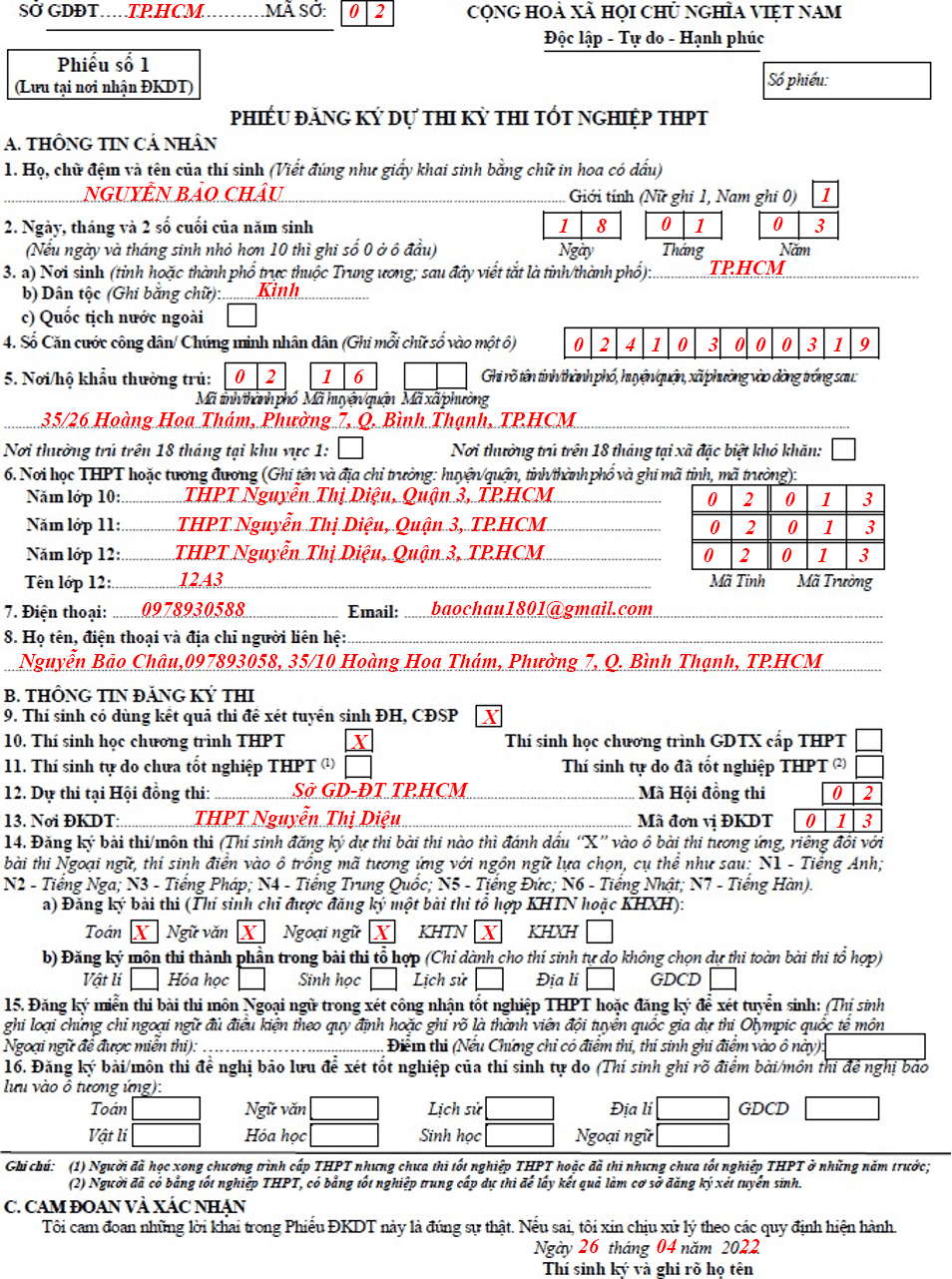 Hướng dẫn ghi phiếu đăng ký dự thi tốt nghiệp THPT 2022
