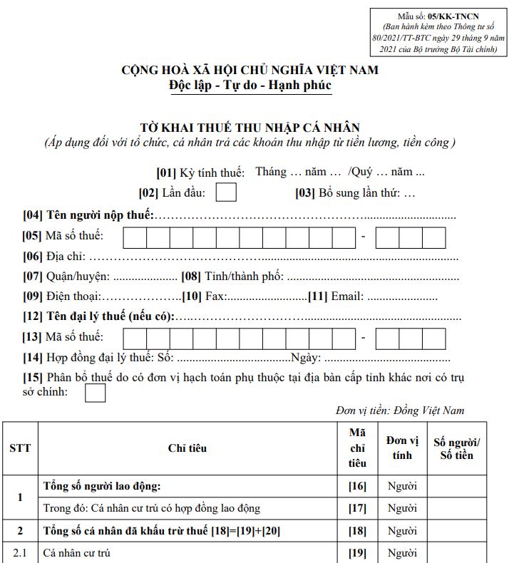 Tờ khai đăng ký thuế cho cá nhân nộp thuế TNCN