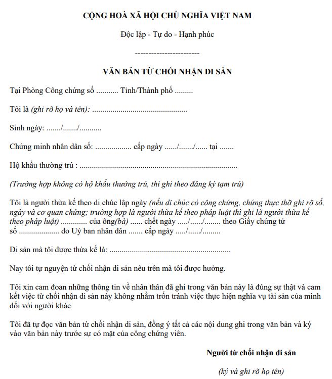 Mẫu văn bản từ chối nhận tài sản thừa kế 