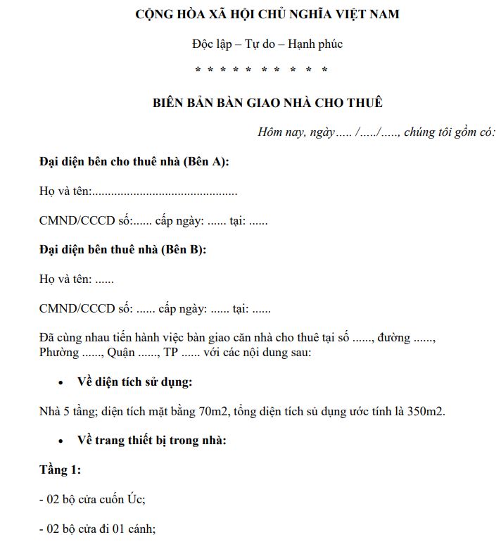 Mẫu biên bản bàn giao nhà cho thuê