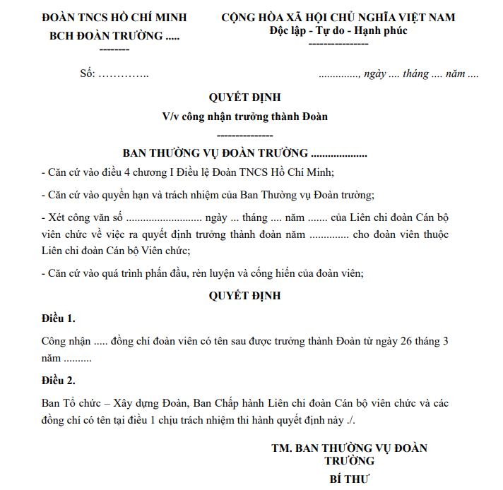 Mẫu quyết định công nhận trưởng thành Đoàn