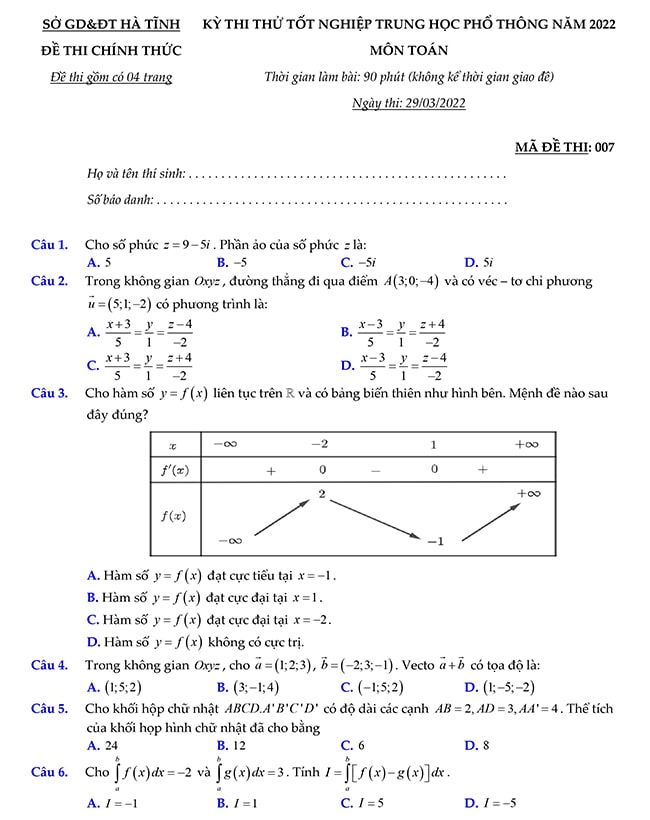 Đề thi thử THPT 2022 môn Toán Hà Tĩnh