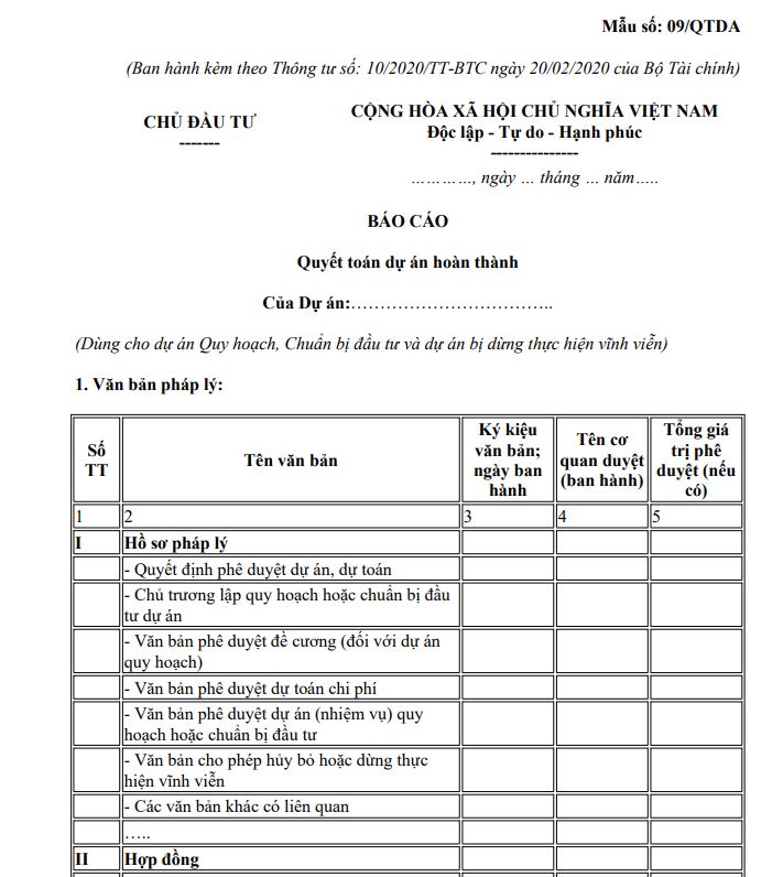 Mẫu báo cáo quyết toán dự án hoàn thành - Mẫu 09/QTDA