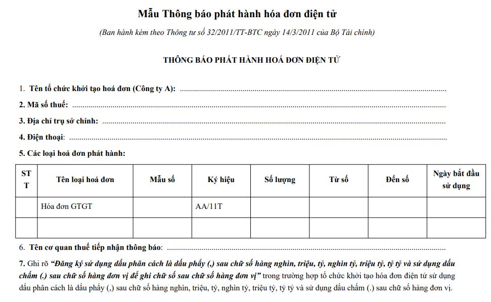 Mẫu Thông báo phát hành hóa đơn điện tử