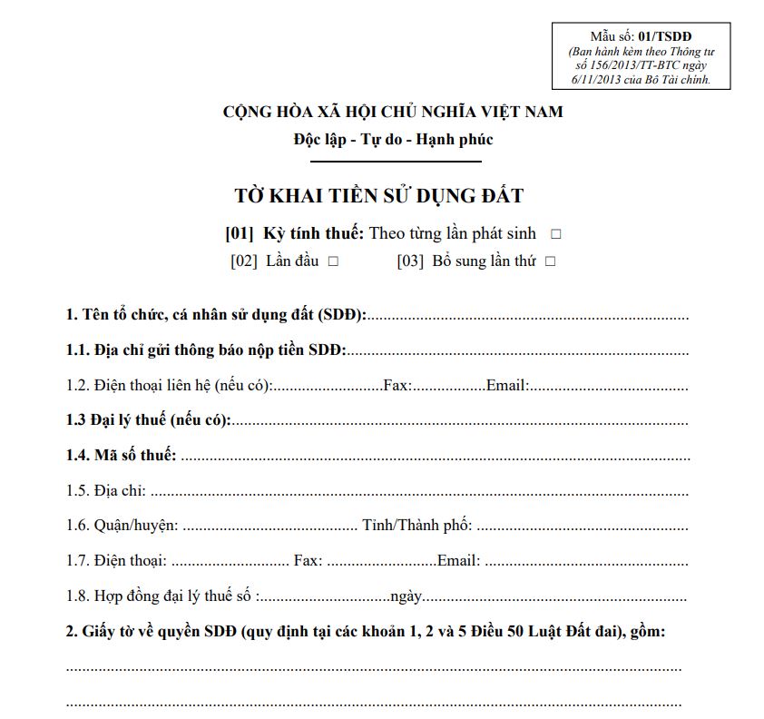Tờ khai tiền sử dụng đất - Mẫu số 01/TSDĐ