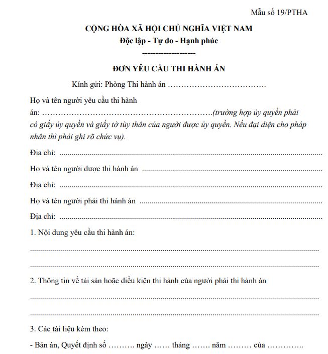 Mẫu số 19/PTHA: Đơn yêu cầu thi hành án