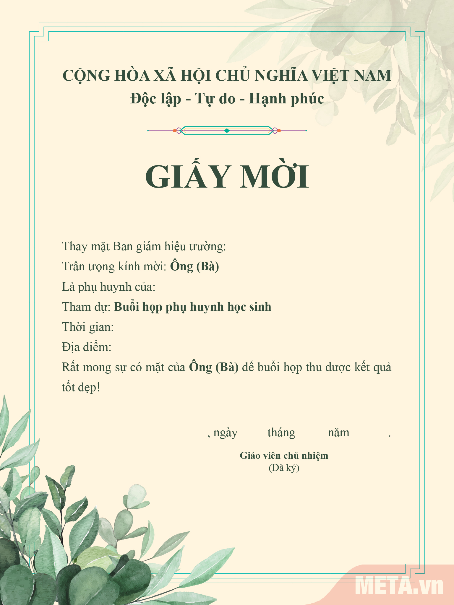 Hình ảnh giấy mời họp phụ huynh cuối học kì II