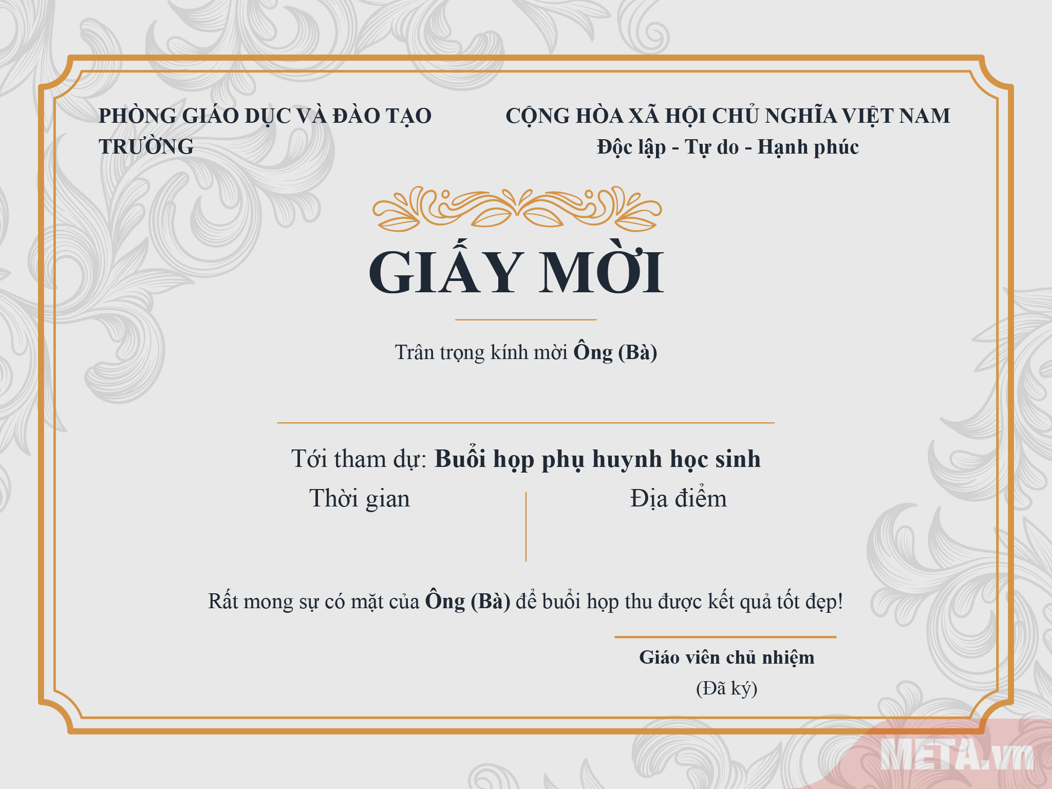 Mẫu giấy mời họp phụ huynh cuối học kì