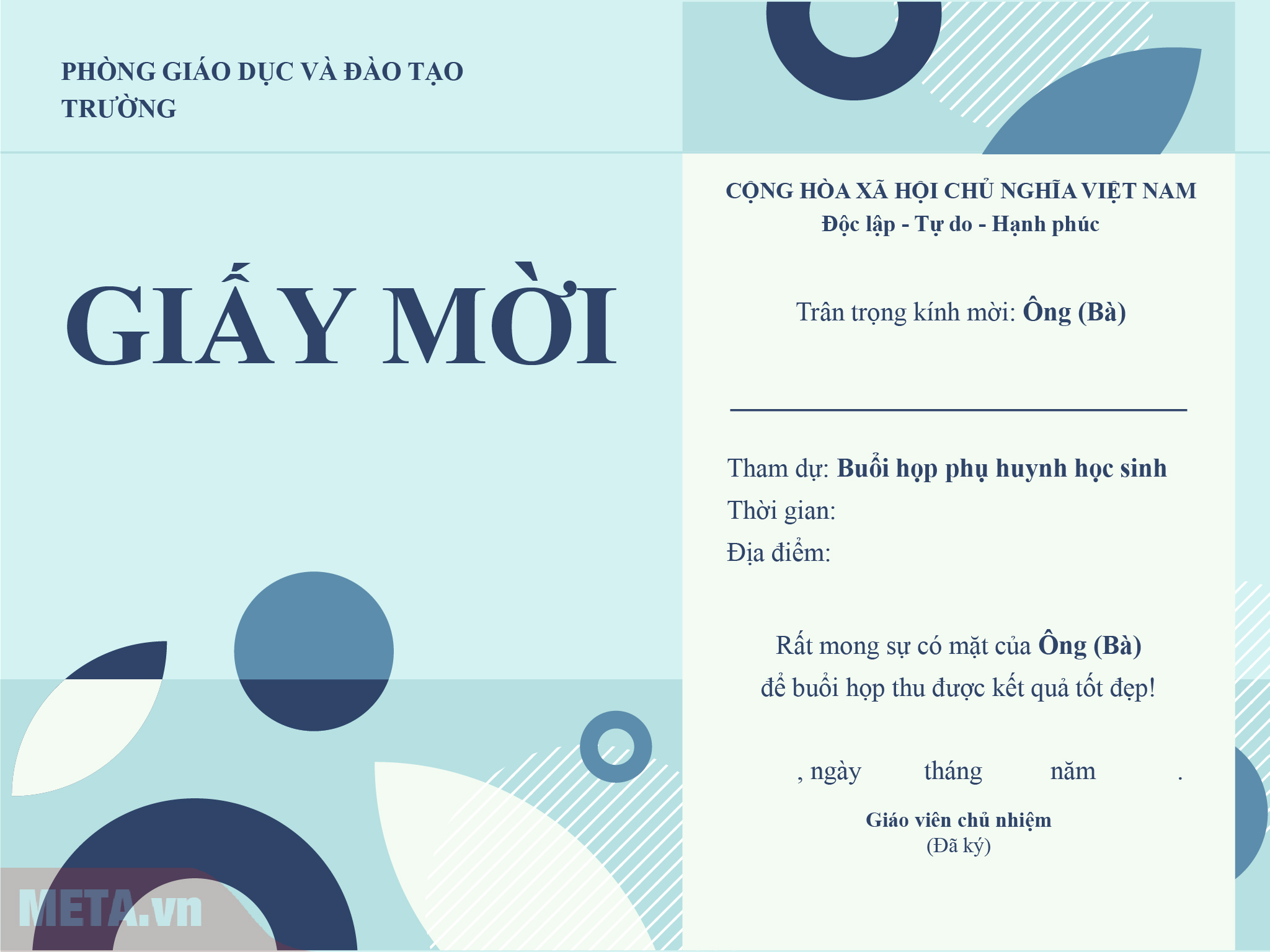 Thiệp mời họp phụ huynh cuối học kì