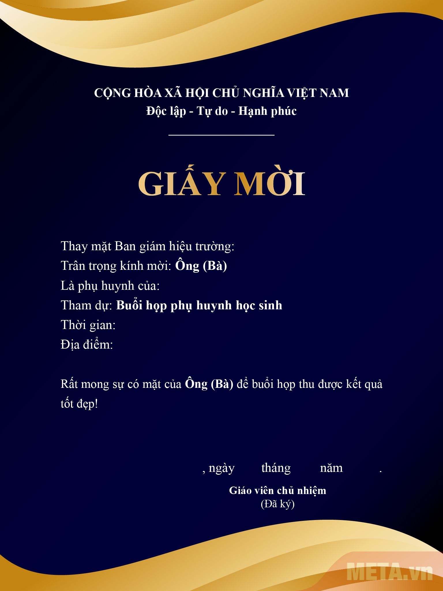 Mẫu giấy mời họp phụ huynh