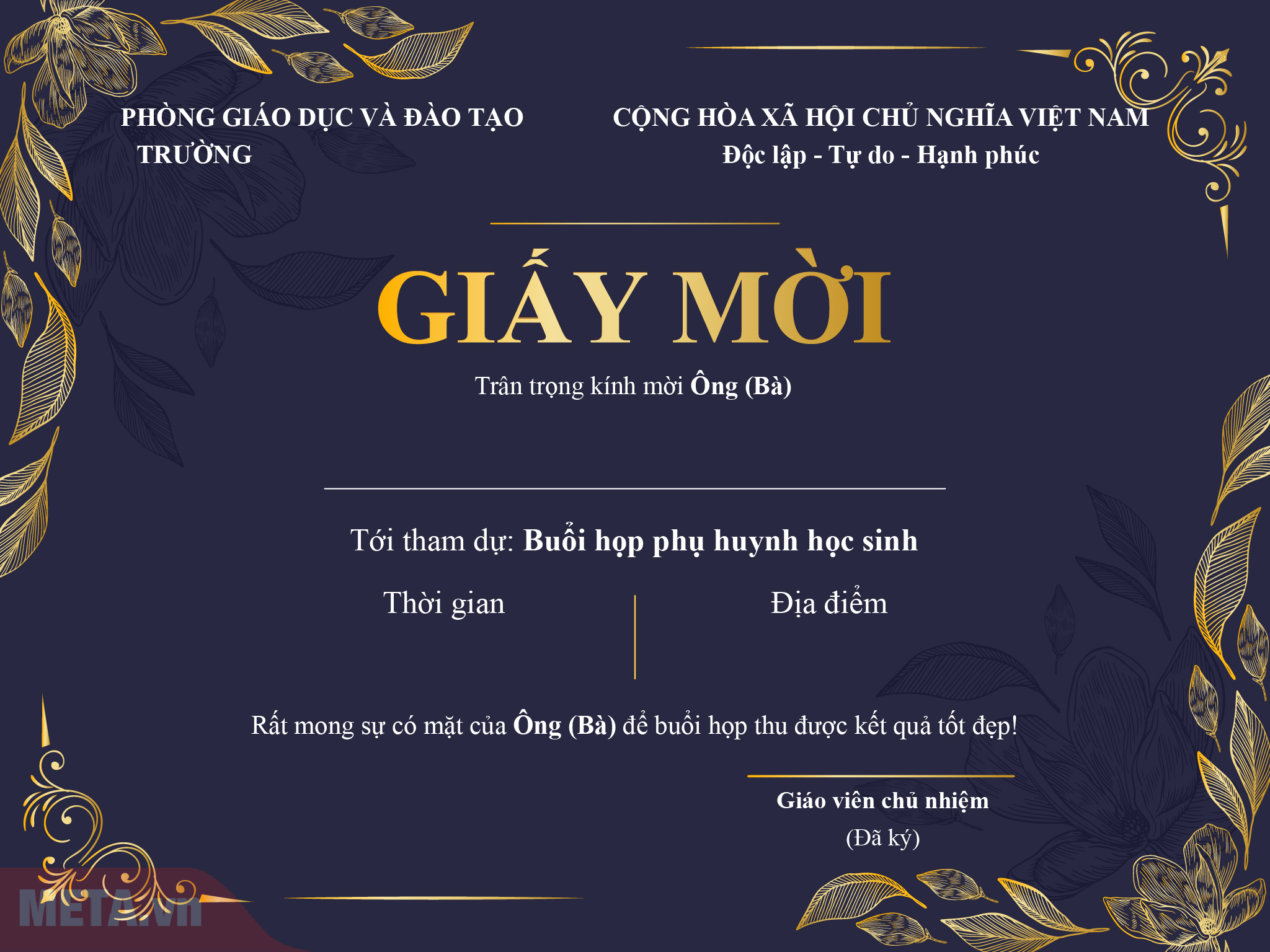 Mẫu giấy mời họp phụ huynh cuối học kì